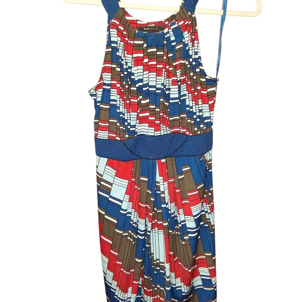 BCBGMaxAzria Blue and Red Geometric Dress W Brown